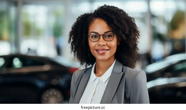 portrait of a young african american businesswoman smiling in a car dealership