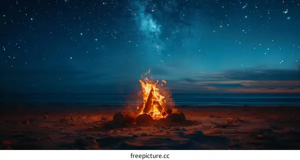 Bonfire Burns Brightly on a Sandy Beach at Night with Starry Sky Above