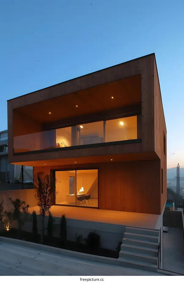 Modern Wooden House with Patio and Stairs at Twilight