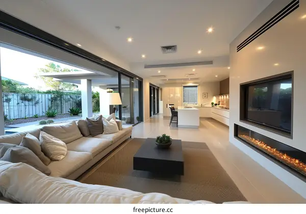 An open plan living space with a kitchen, dining area and living room