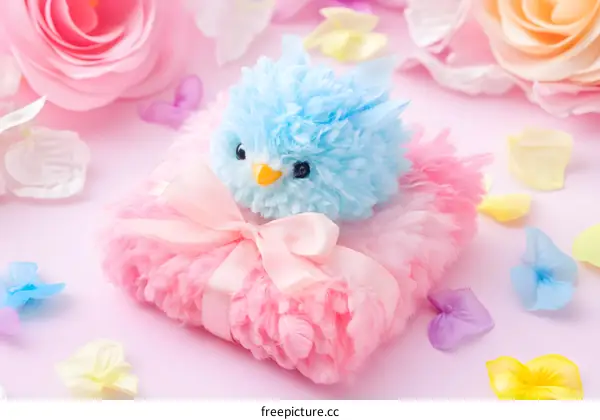 Pink and Blue Bird Plush Toy on a Pink Background