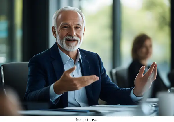 Confident Senior Businessman Making a Point During a Meeting