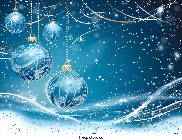 Christmas blue balls hanging on golden chains with snowflakes on blue background
