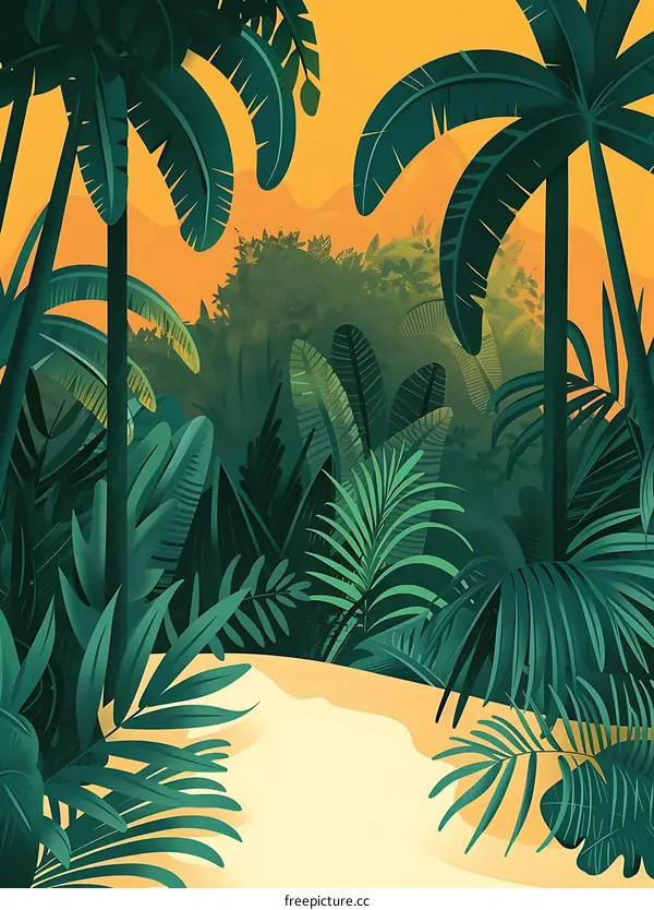 Tropical Jungle Illustration with Palm Trees and Green Leaves