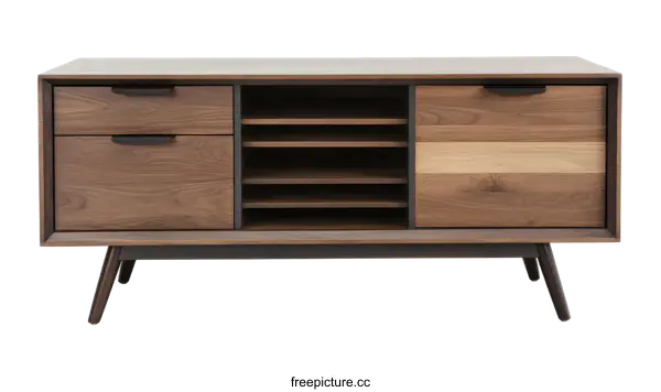 [Transparent Background PNG]Mid-Century Modern Wooden TV Stand with Open Storage