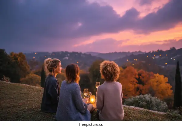 Three Women Enjoying Sunset Over Hills