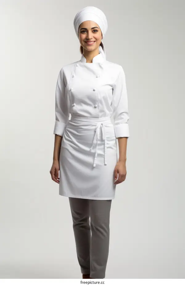 woman chef wearing white apron and white chef uniform