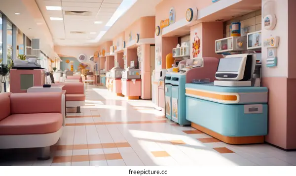 A retro-futuristic hospital corridor with pink and blue walls and a tiled floor
