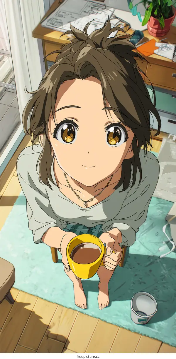 Anime Girl with Coffee Cup in Cozy Room