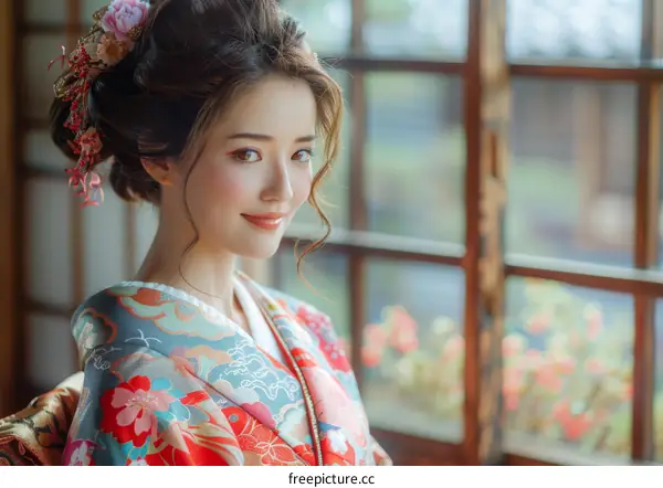 Portrait of a beautiful Japanese woman in traditional kimono