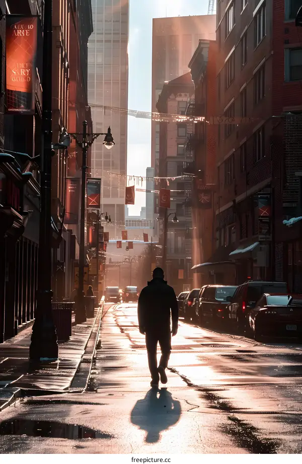 Man Walking Alone Down a Narrow City Street With Tall Buildings on Both Sides