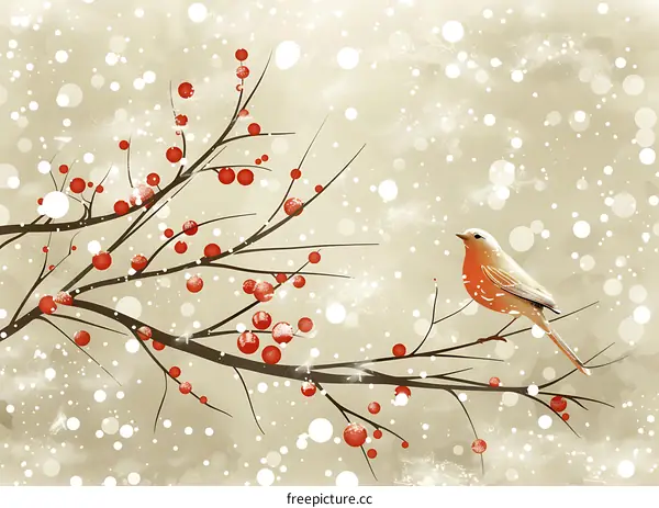 Winter Bird on a Branch with Berries