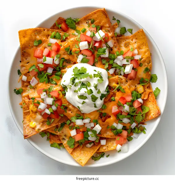 Nachos with cheese, sour cream, tomatoes, onions and cilantro