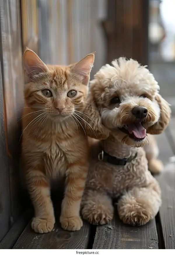 Ginger Cat and Poodle Friends Sitting on a Wooden Floor