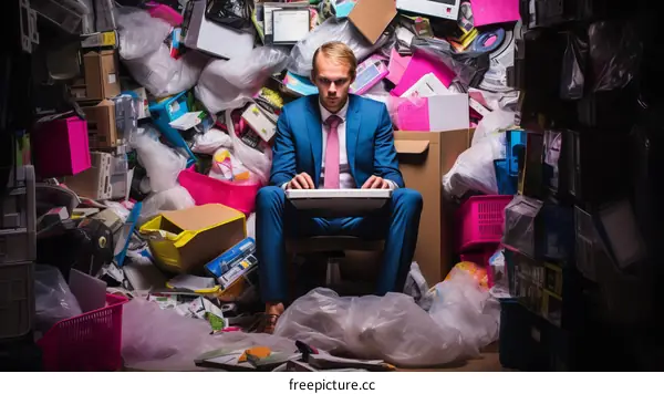 Stressed Man Working in Garbage Room Typing on Laptop