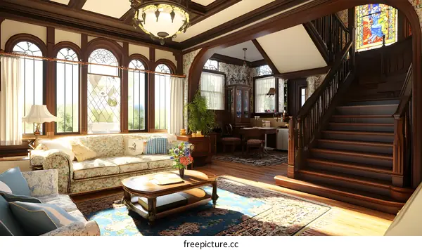 Victorian Style Living Room Interior Design With Wooden Staircase