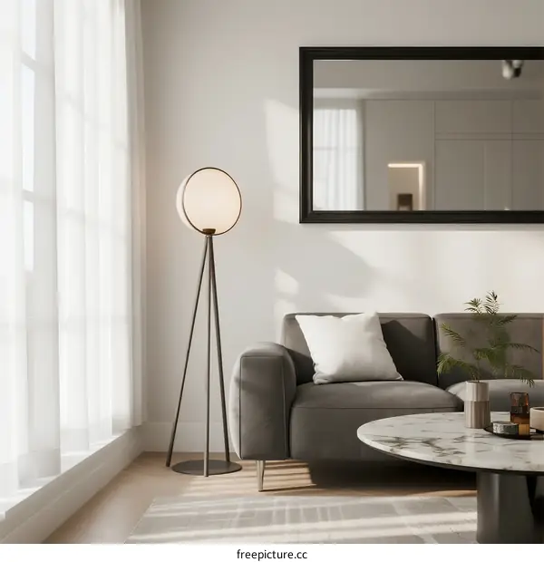 Modern living room with floor lamp and large mirror