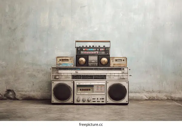 Vintage Stereo Stacked Against a Grunge Wall