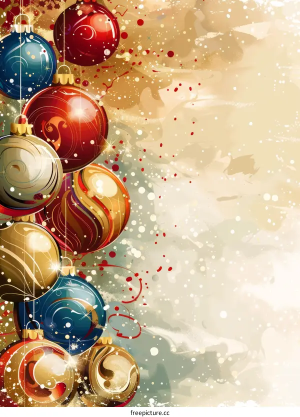 Glowing Christmas Balls Hanging on Red Background