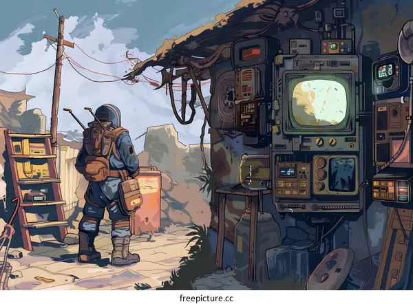 Retro Futuristic Illustration of a Person Standing in Front of an Old Shop