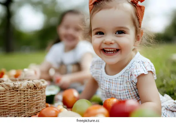 Two Little Girls Enjoying Picnic With Fruits