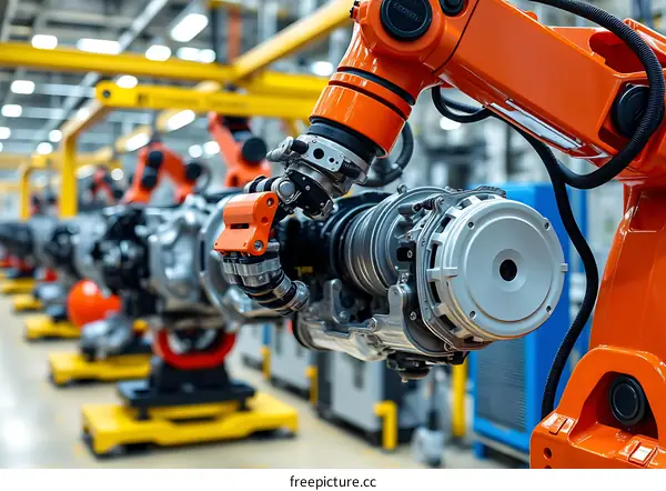 Orange Robotic Arm Assembling a Car Engine in a Factory