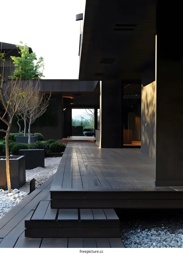 Modern Black Wooden Deck and Minimalist Garden Design