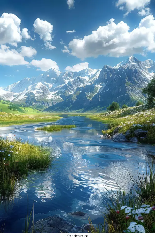 Majestic Mountain Peaks and Flowing River Landscape