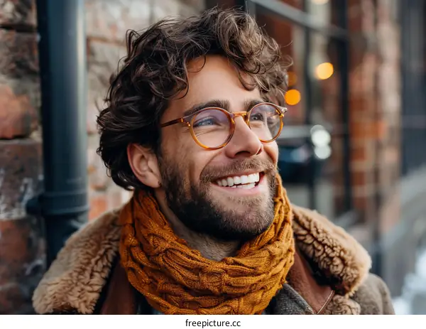 Smiling Man with Curly Hair and Glasses Outdoor Portrait