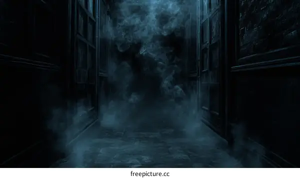 Dark mysterious corridor with wooden doors and blue glowing smoke
