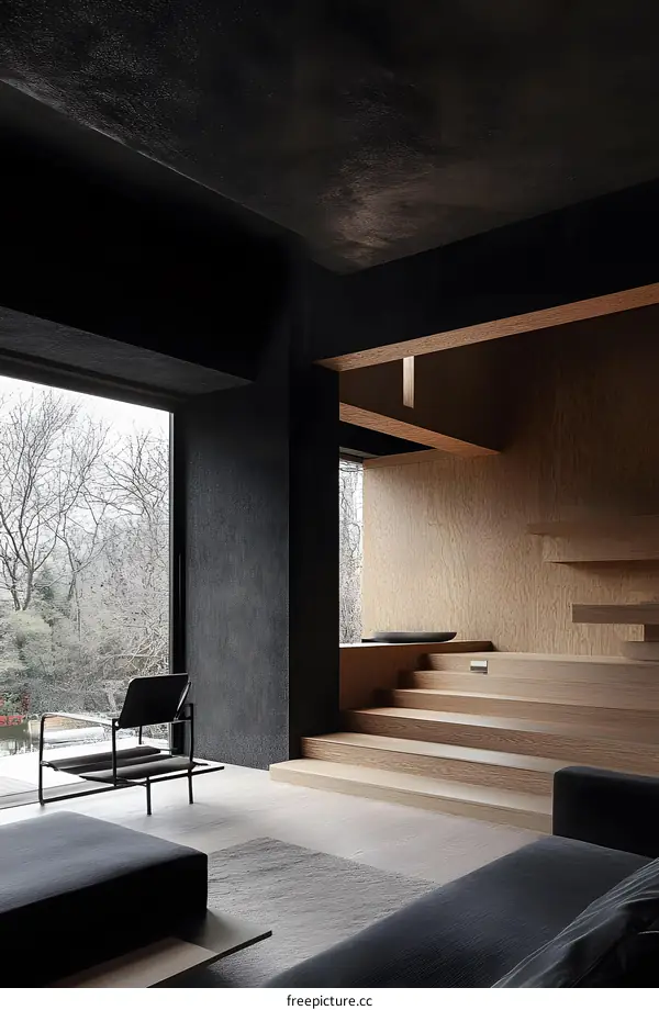 Modern Minimalist Interior Design with Wooden Stairs and Black Walls