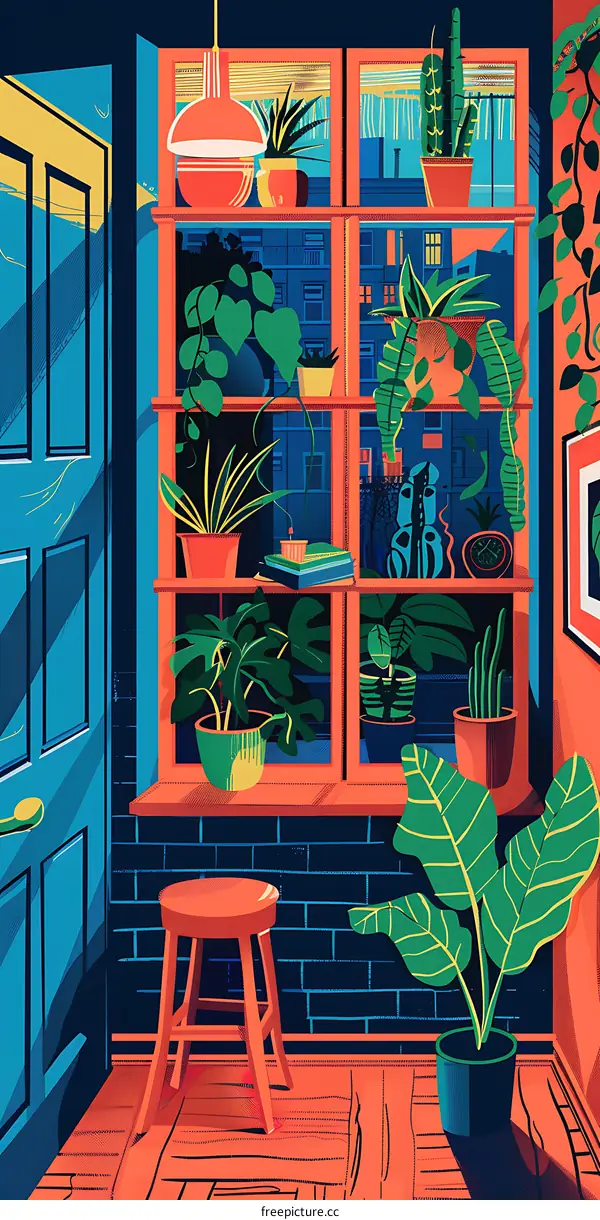 Colorful Illustration of Indoor Plants in Window Shelf