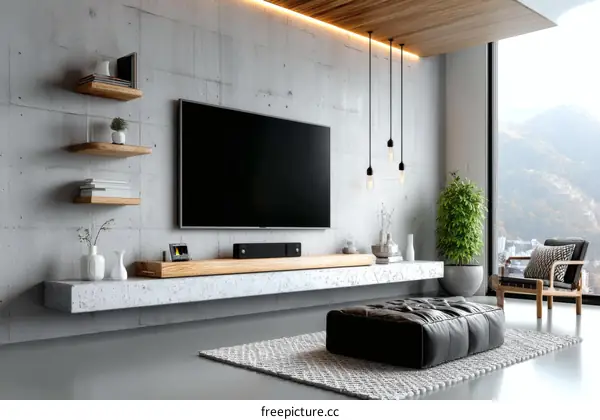 Modern Concrete Living Room with Wooden Shelves and TV