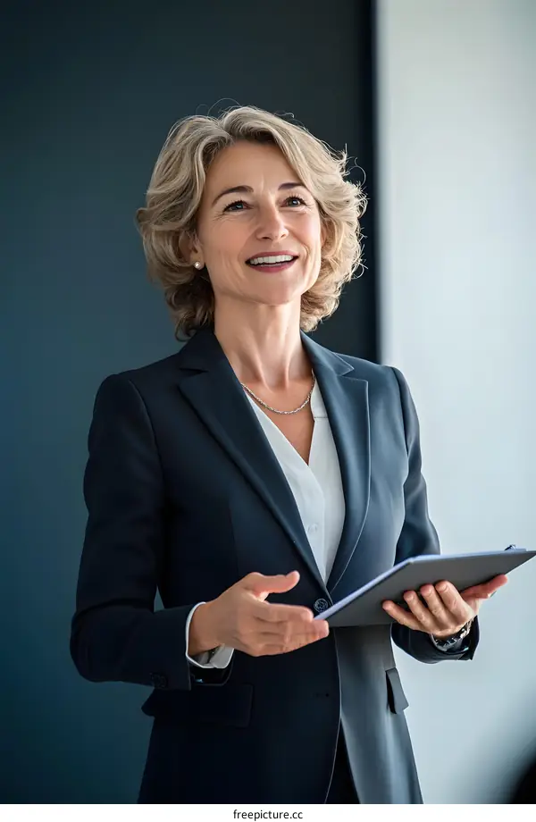 Smiling Businesswoman Holding Tablet, Looking Up, Blue Wall Background