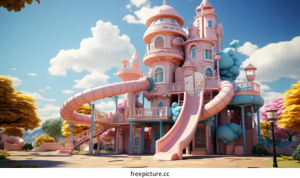 Pink Castle-Themed Playground with Colorful Slides