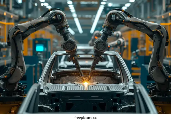 Car manufacturing robots welding a car body