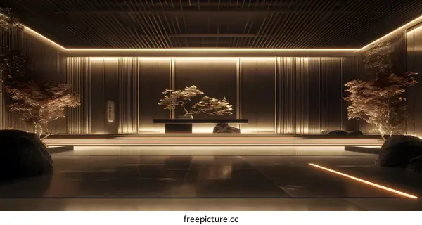 Minimalist Zen Garden Interior Design with Bonsai Tree