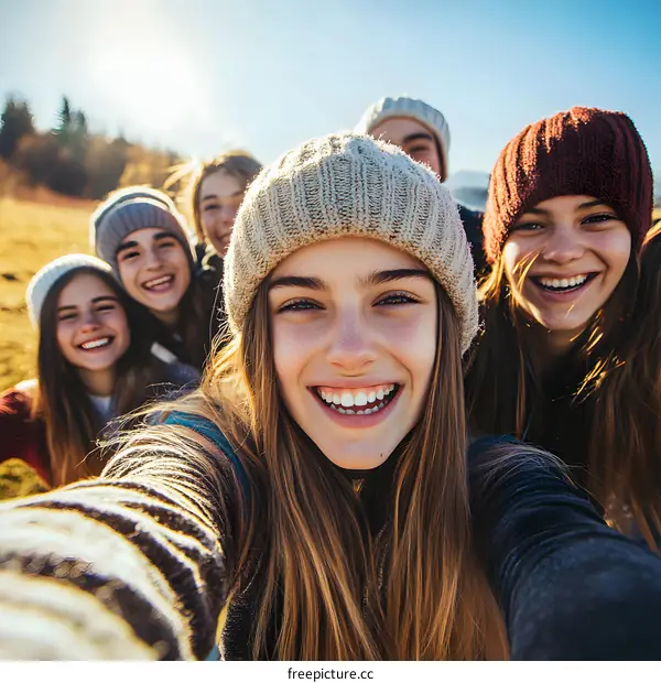Happy Friends Taking Selfie in the Mountains