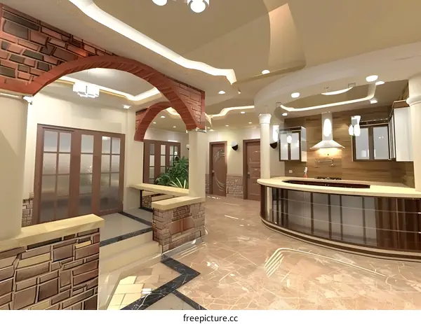 Modern Home Interior Design with Arches and a Curved Kitchen Counter