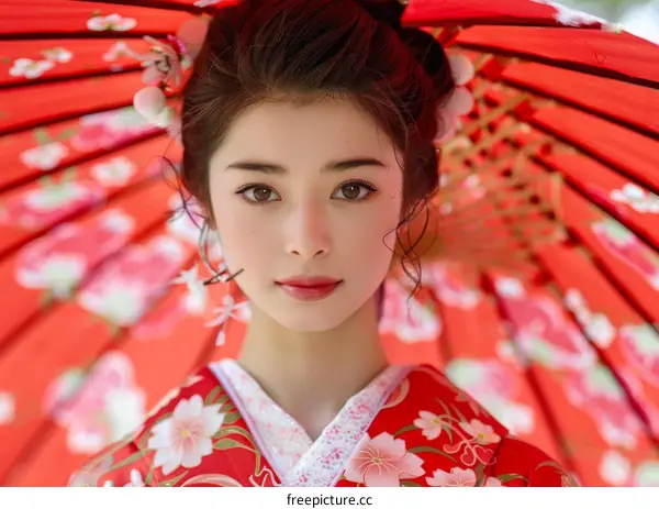 Portrait of a beautiful Japanese woman in traditional kimono with red umbrella