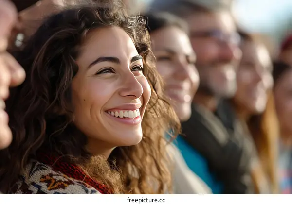 Portrait of a young woman with curly hair smiling in a crowd