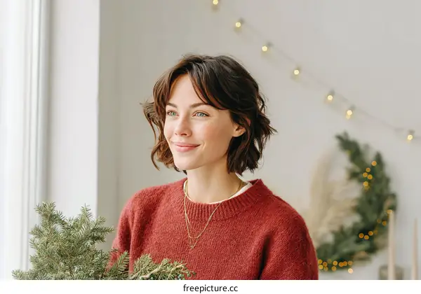 Woman in red sweater holding green pine branches with holiday lights