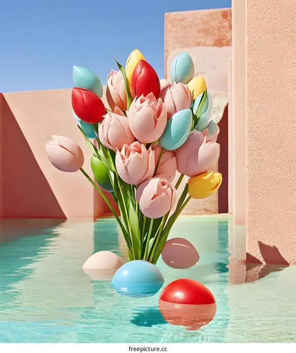 Colorful Tulips Floating in a Pool with Pink Walls