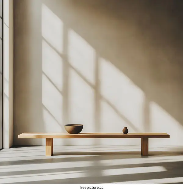Minimalist Wooden Bench With Bowl And Vase In Sunlit Room