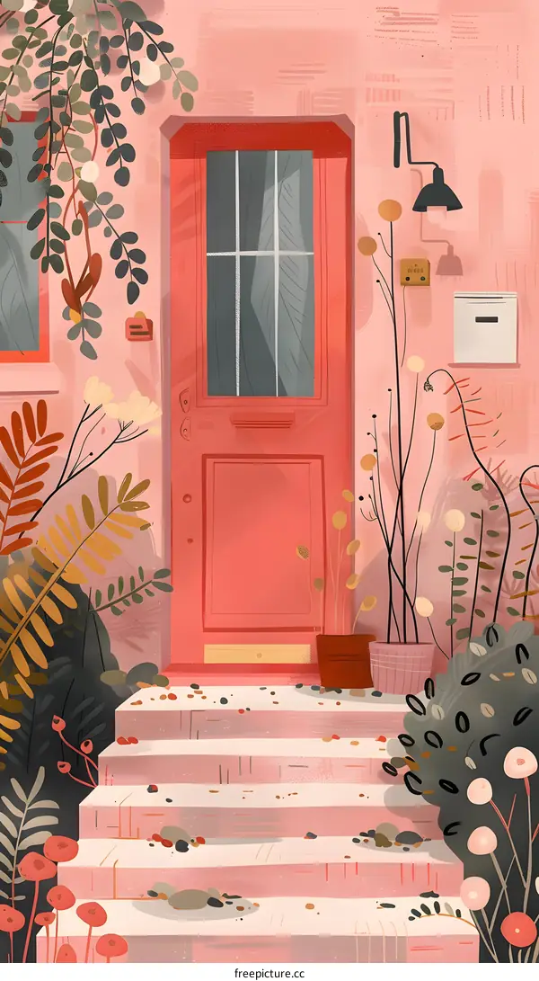 Illustration of a Pink House with Red Door and Stairs