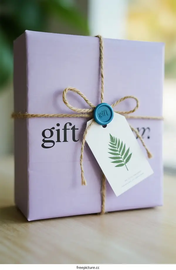 A Purple Gift Box Tied with Rope and a Leaf Tag