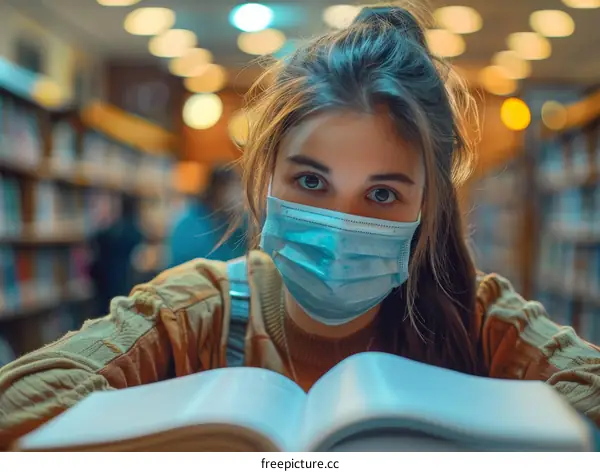 girl wearing a mask in the library