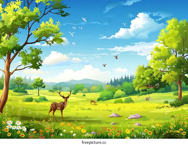 Green Meadow With Deer and Birds