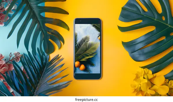Tropical Summer Phone Screen With Palm Leaves And Flowers
