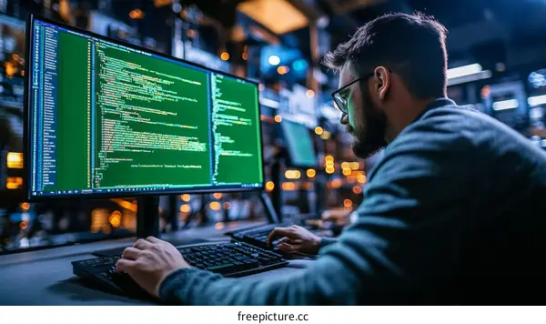 Focused Programmer Working Late at Night